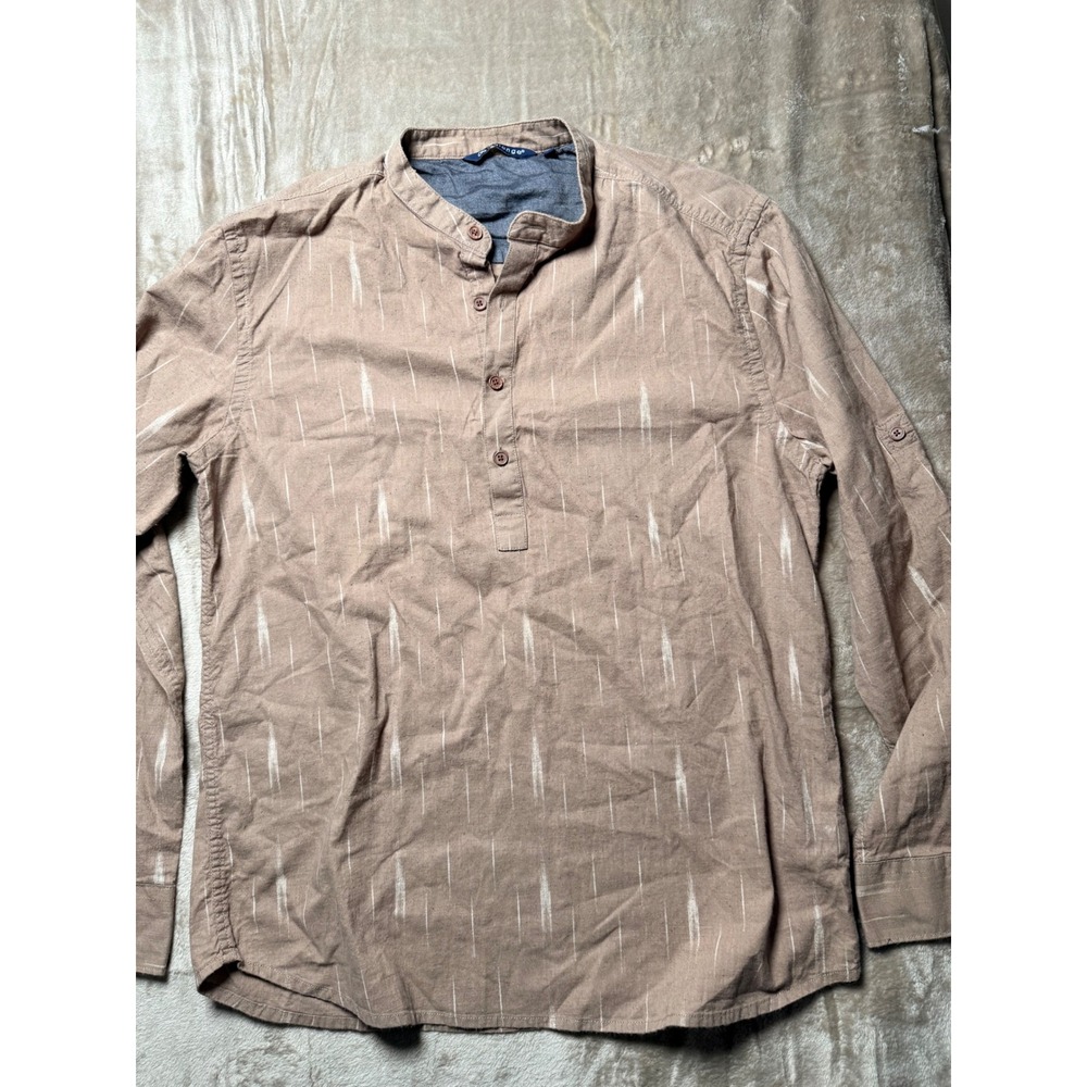 Melange Mens Brown Ikat Print Cotton Henley Shirt Mandarin Collar Long Sleeve M